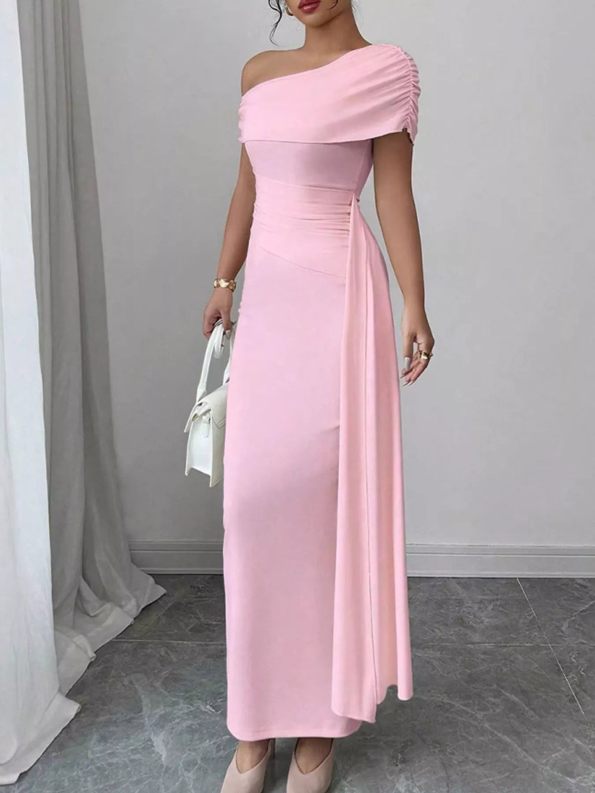 One-Shoulder Ruched Maxi Dress - Draped in Grace