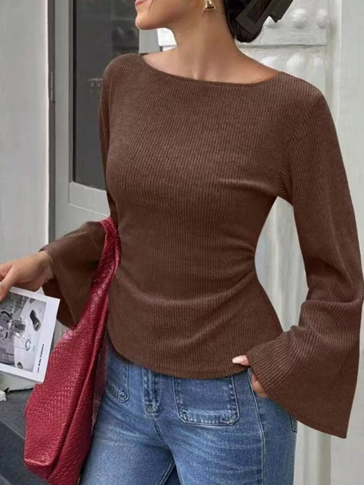 Ribbed Flare Sleeve Top with Ruched Detail - Draped in Grace