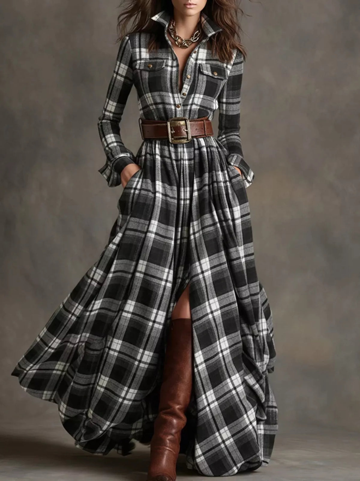 Full Size Plaid Long Sleeve Shirt Maxi Dress Plus Size - Draped in Grace