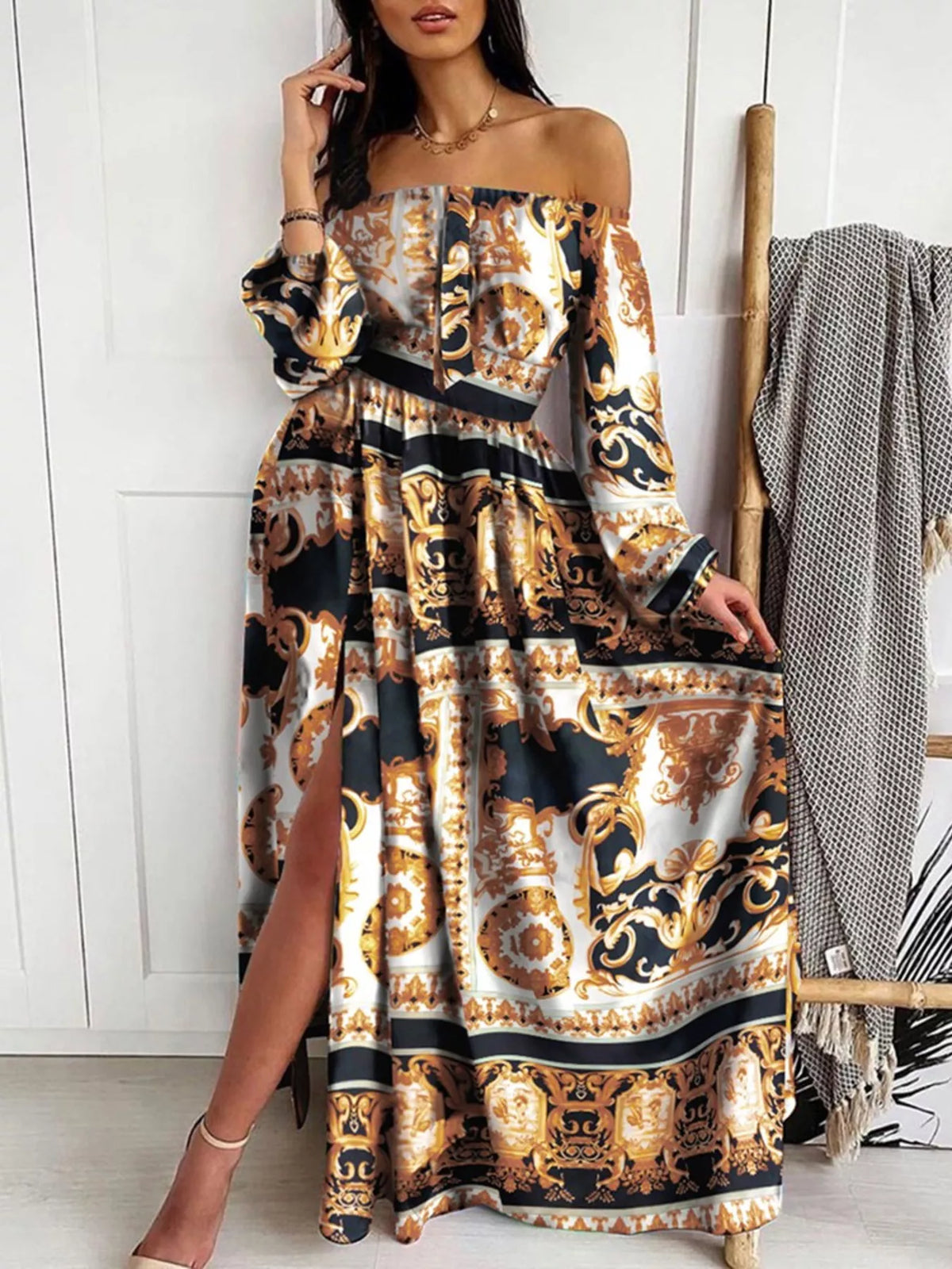 Slit Printed Off Shoulder Maxi Dress - Draped in Grace