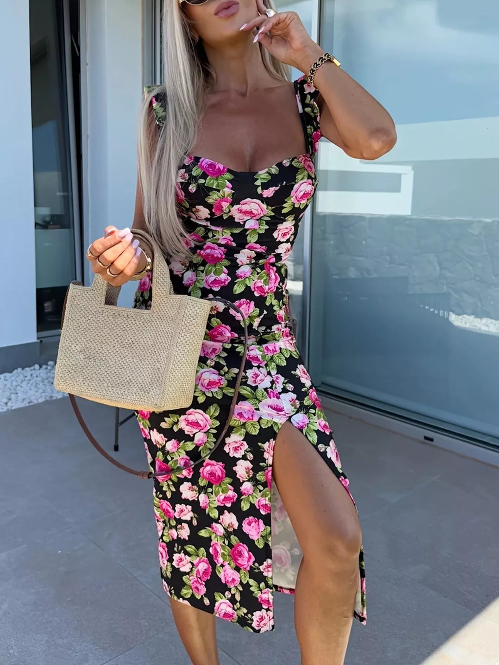 Slit Sweetheart Neck Midi Dress - Draped in Grace