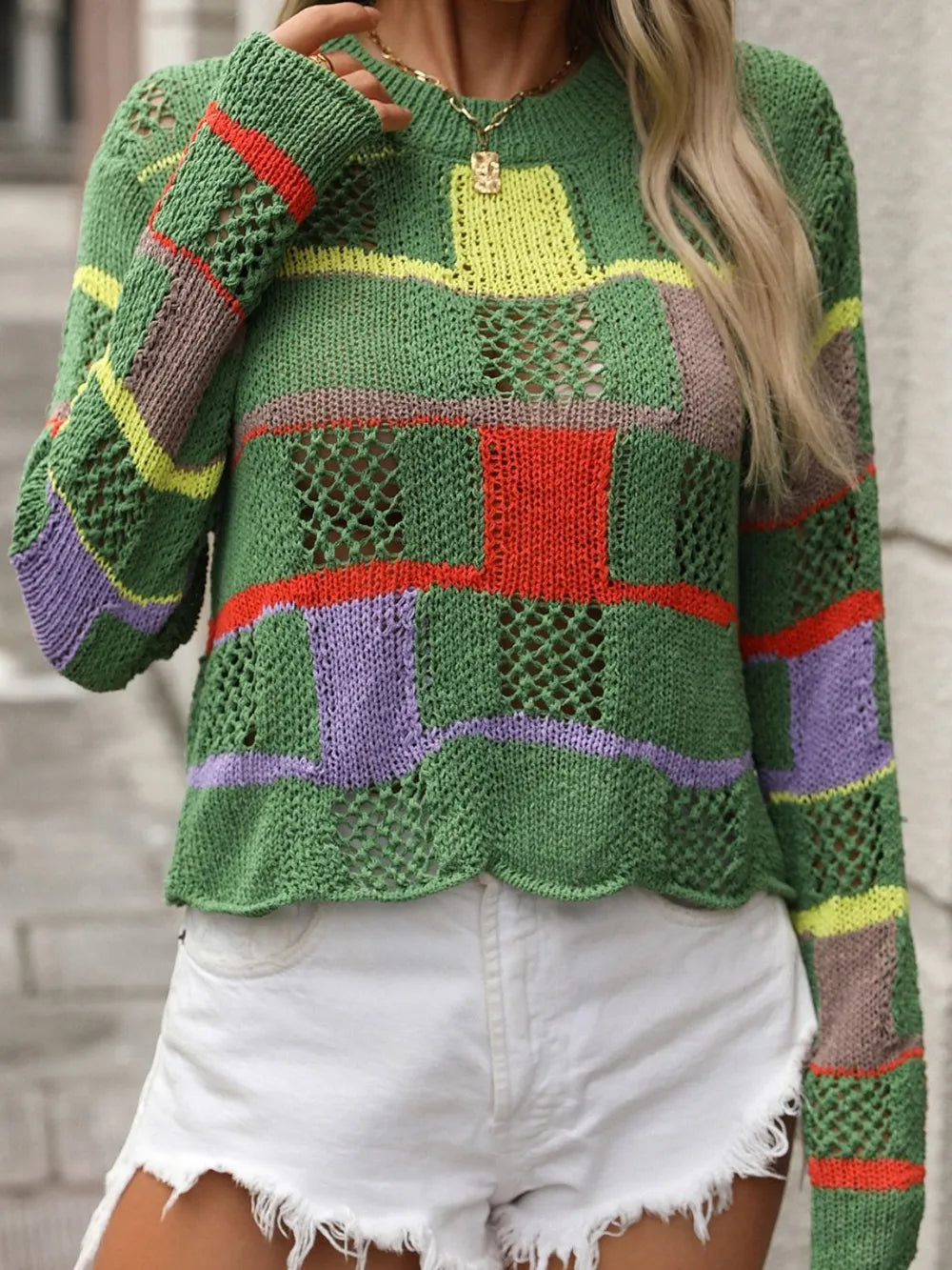 Openwork Color Block Round Neck Sweater - Draped in Grace