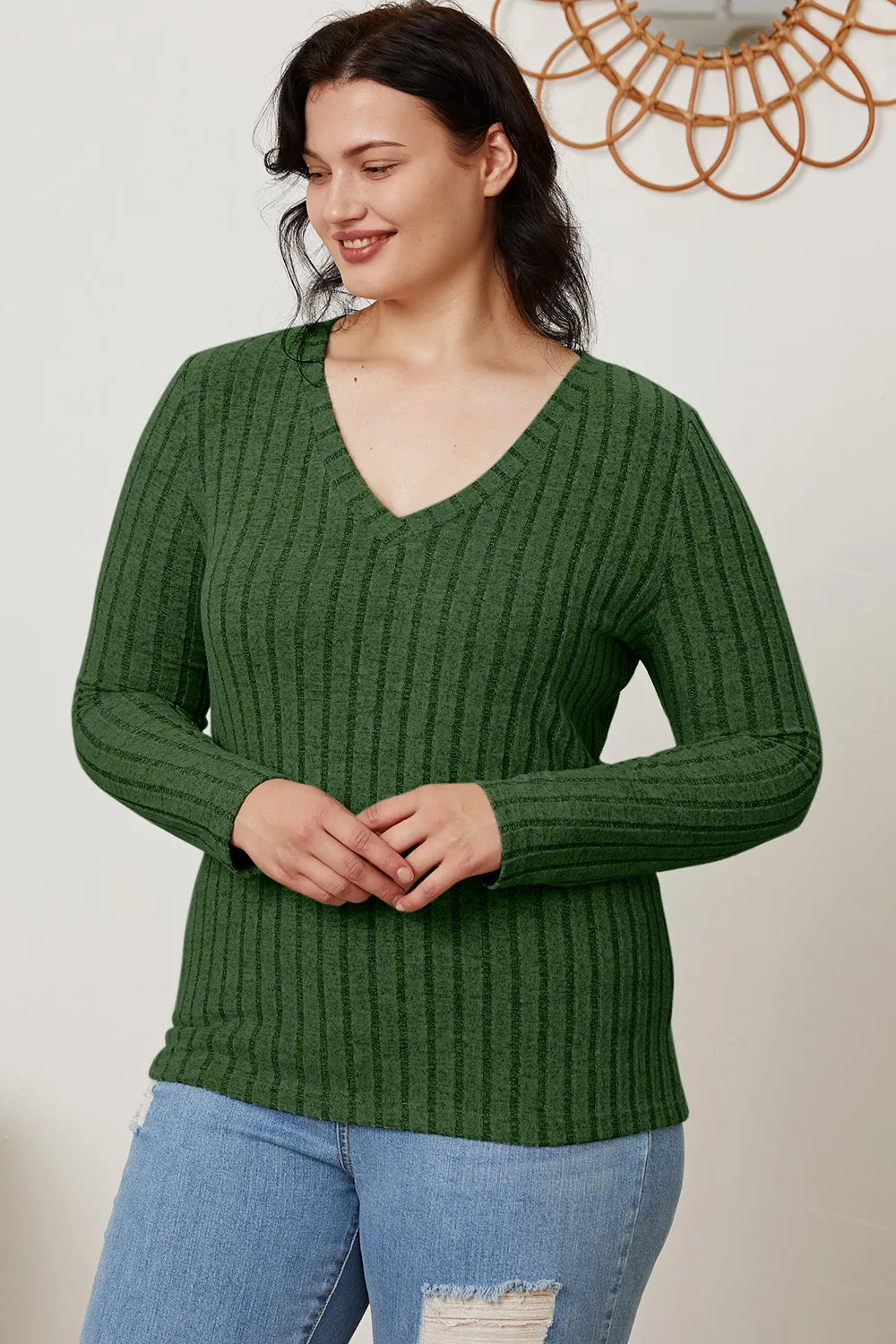 Basic Bae Full Size Ribbed V-Neck Long Sleeve T-Shirt - Draped in Grace