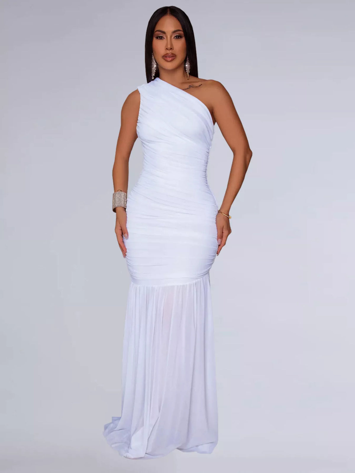 One-Shoulder Ruched Bodycon Maxi Dress - Draped in Grace