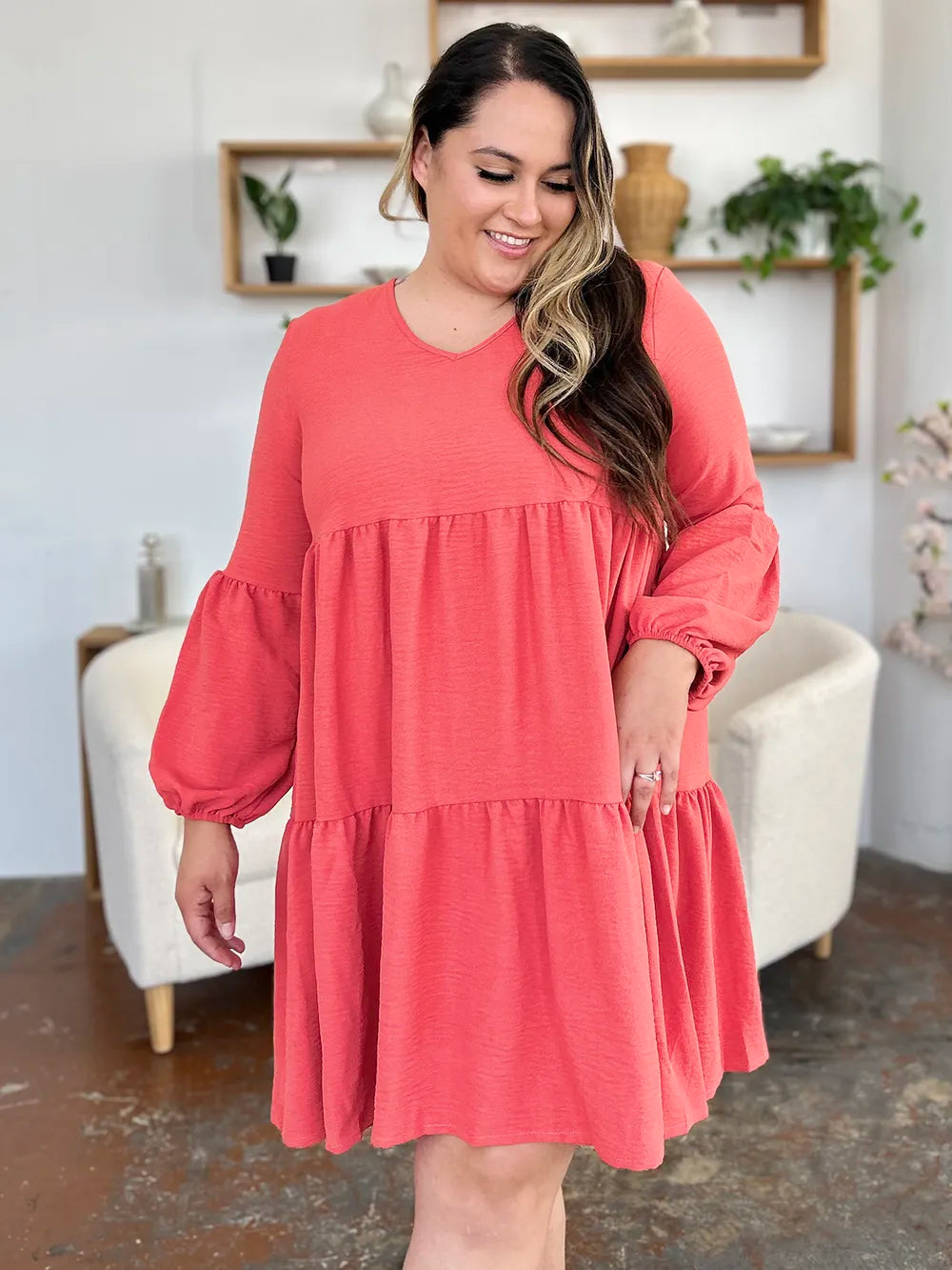 Double Take Full Size V-Neck Balloon Sleeve Tiered Dress with Pockets - Draped in Grace