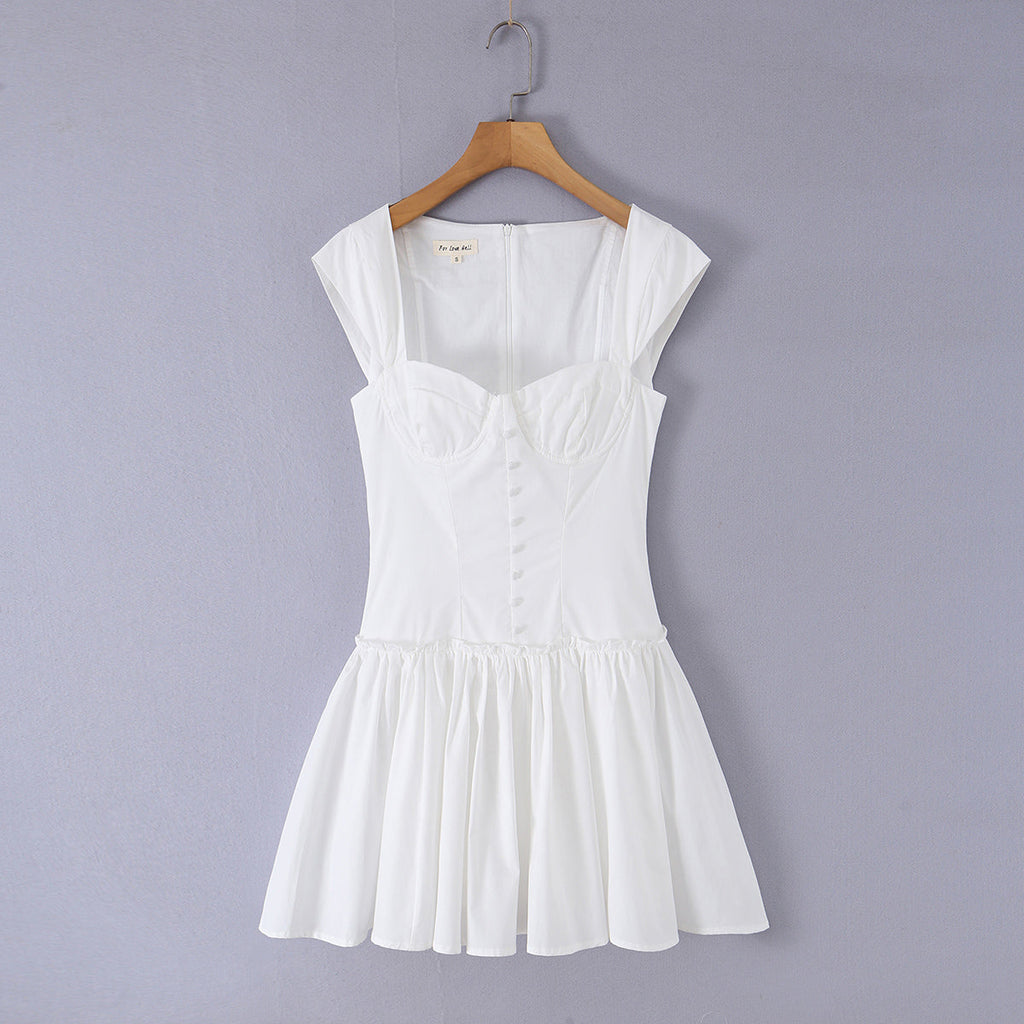 Sweet Romantic Gentle First Love Slim White Dress Design Square Neck Cinched Pettiskirt Dress - Draped in Grace