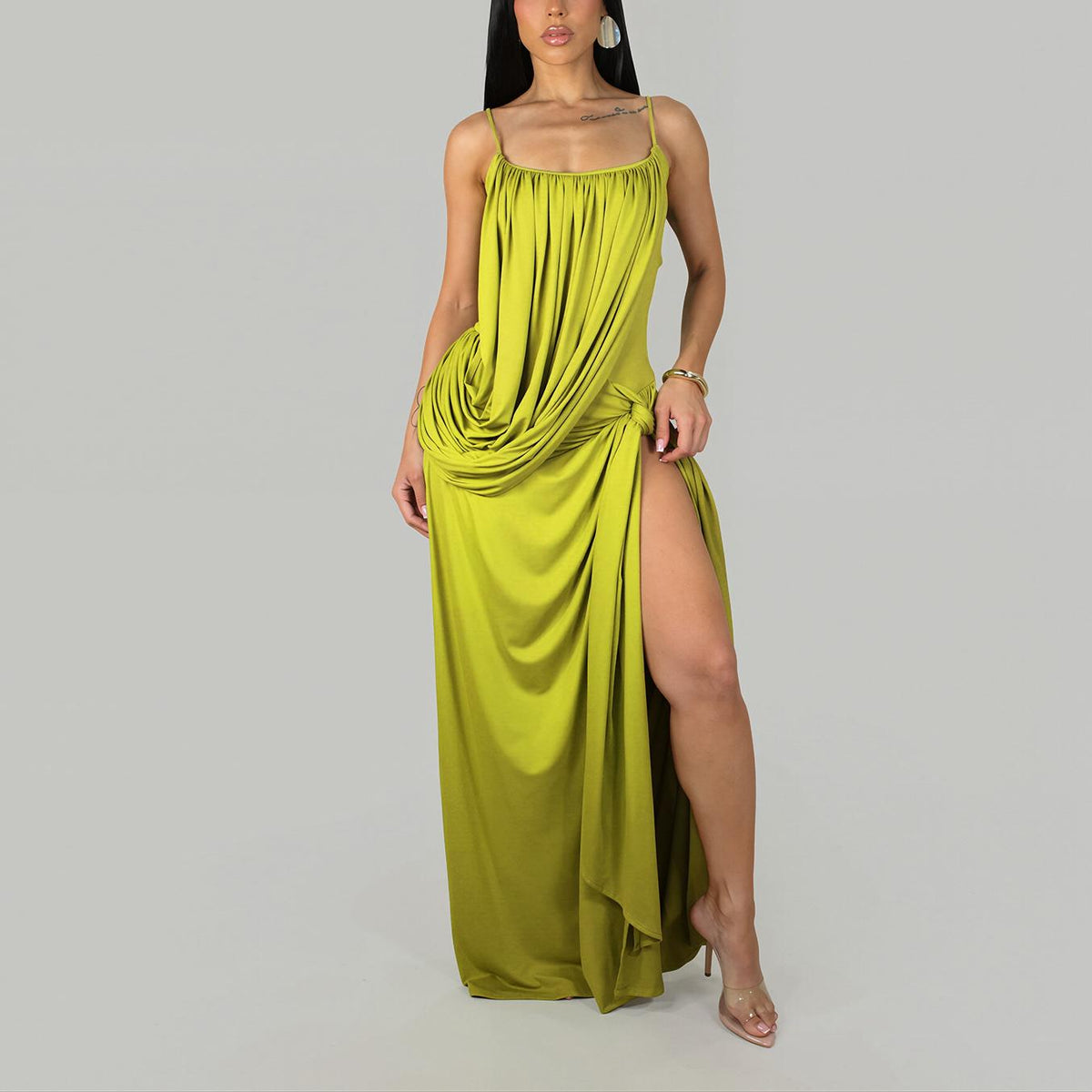 Split Embellished Cocktail Solid Color Dress