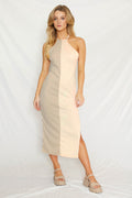 Color-Block Rib-Knit Halter Dress