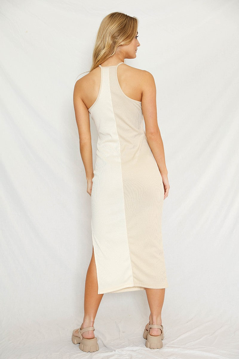 Color-Block Rib-Knit Halter Dress