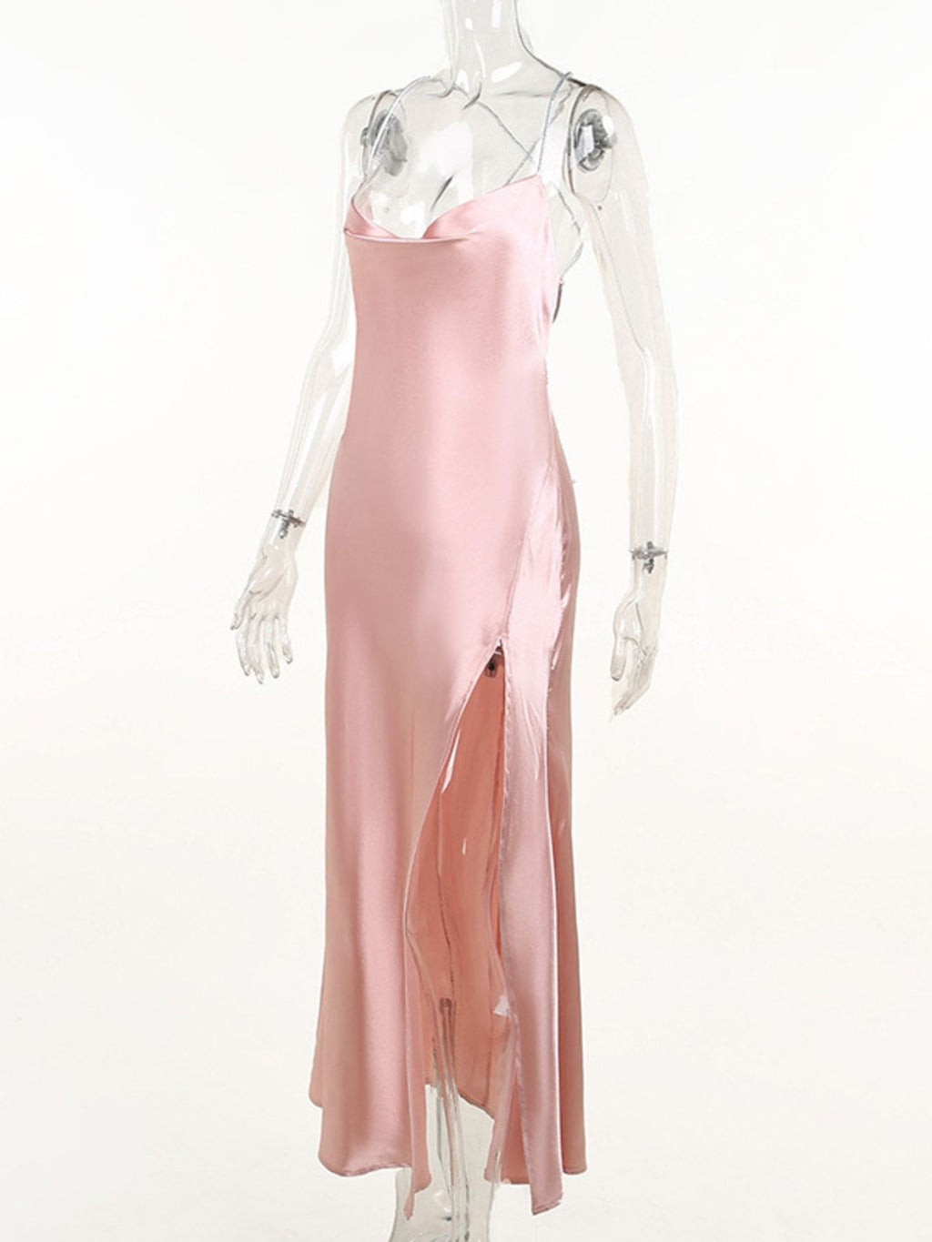 Slinky Satin Cowl Neck High Slit Dress with Back Lace Up - Draped in Grace