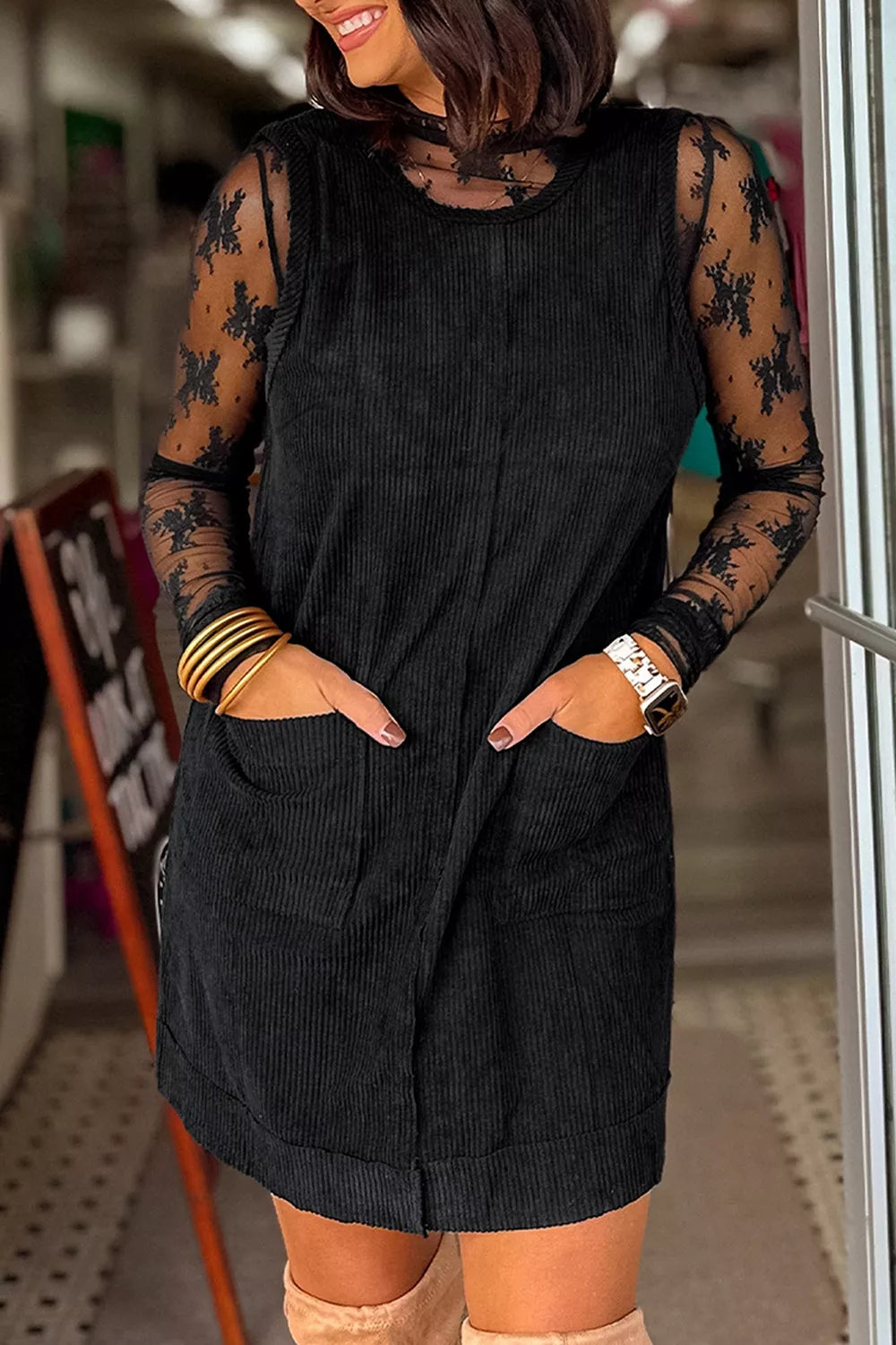 Corduroy Patch Pocket Sleeveless Mini Dress - Draped in Grace