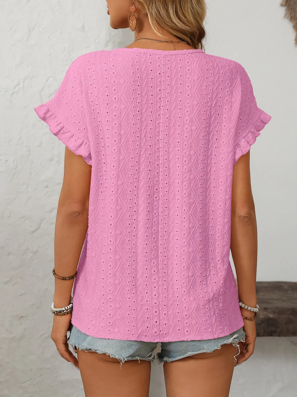 Mandy Eyelet Round Neck Short Sleeve Top - Draped in Grace