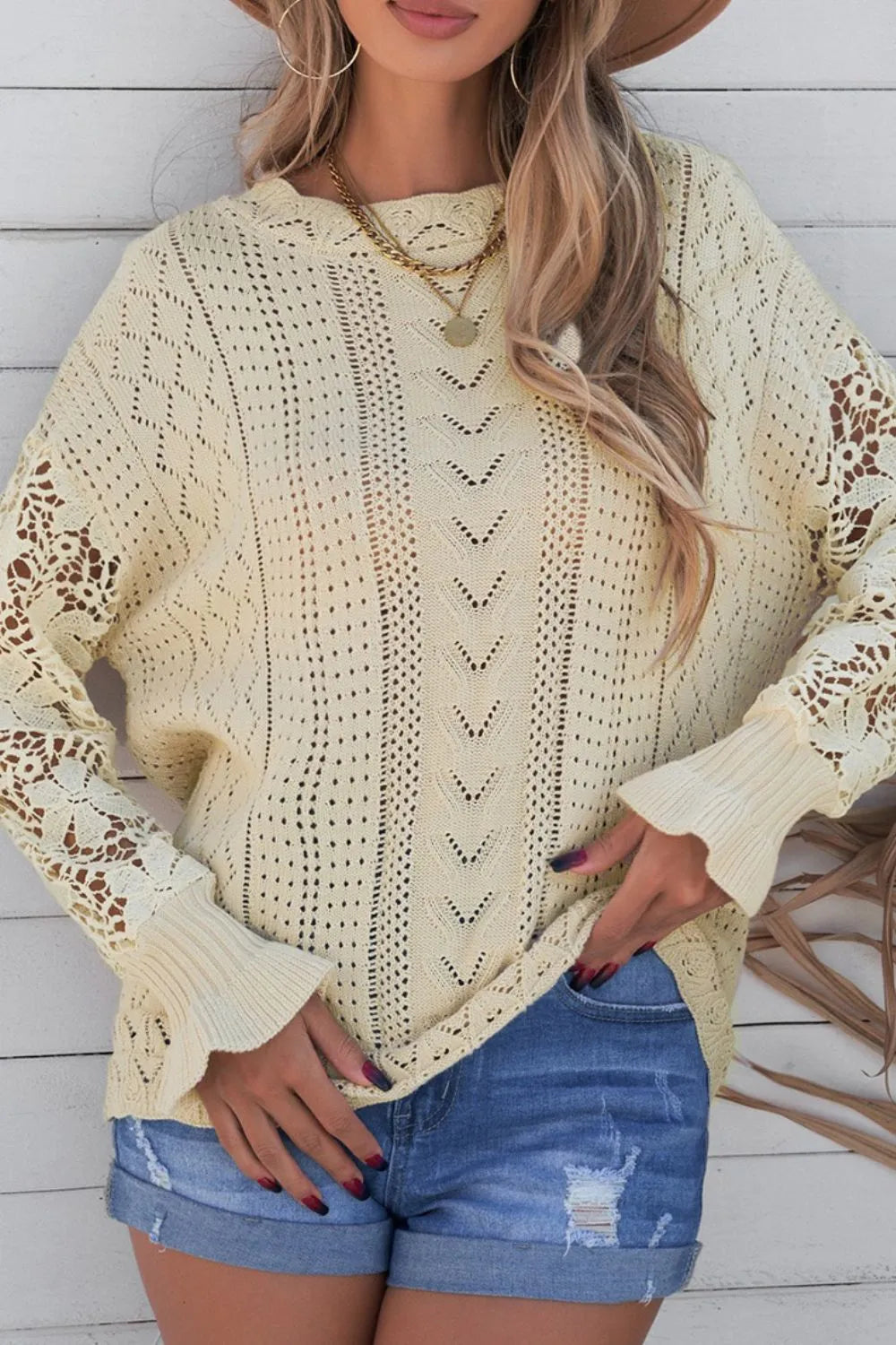 Openwork Round Neck Long Sleeve Sweater - Draped in Grace