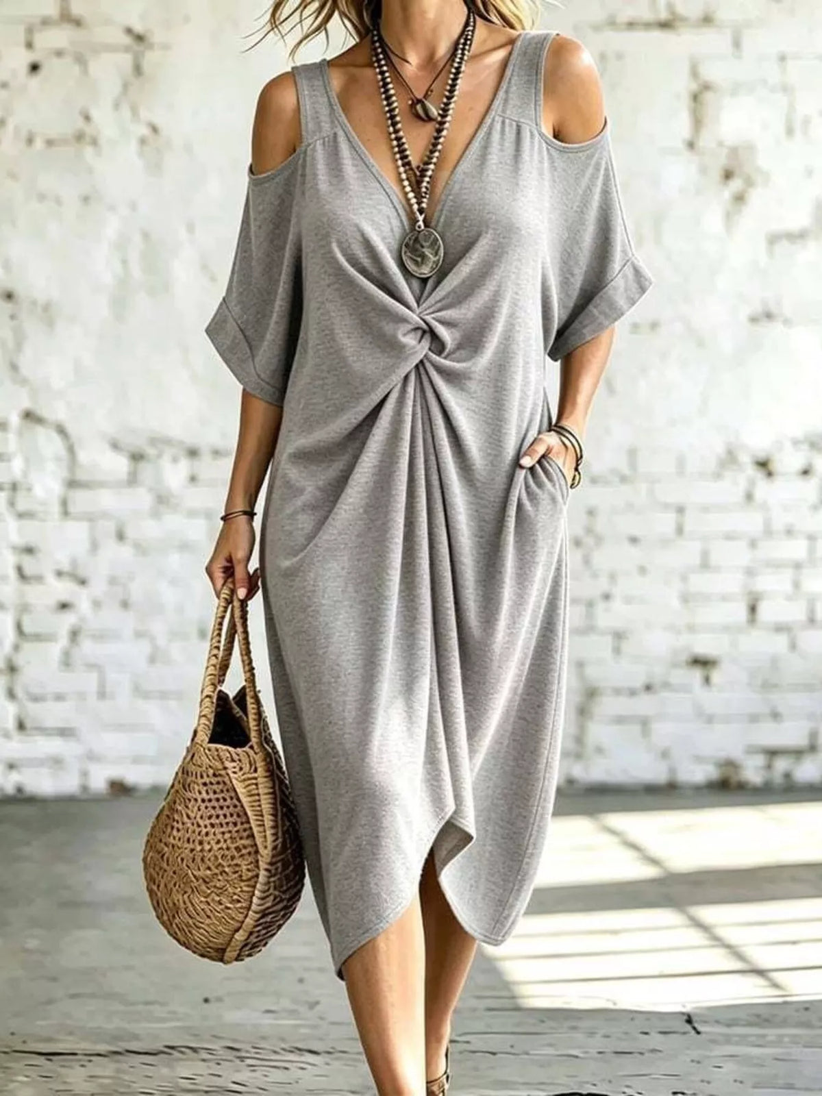 Full Size Cold Shoulder Twist Front Midi Dress Plus Size - Draped in Grace