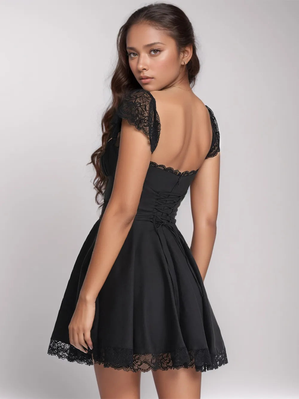 Lace Detail Square Neck Cap Sleeve Mini Dress - Draped in Grace