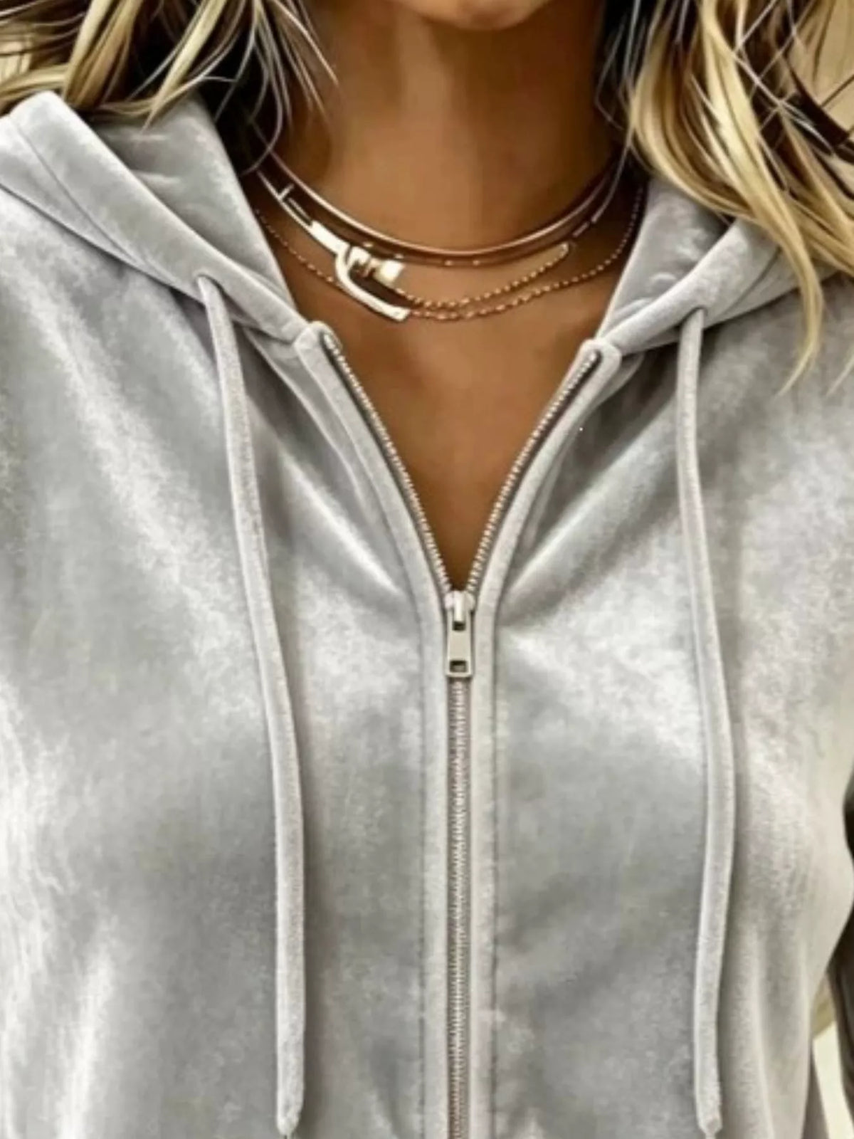Full Size Velvet Zip-Up Hoodie with Drawstring Plus Size - Draped in Grace