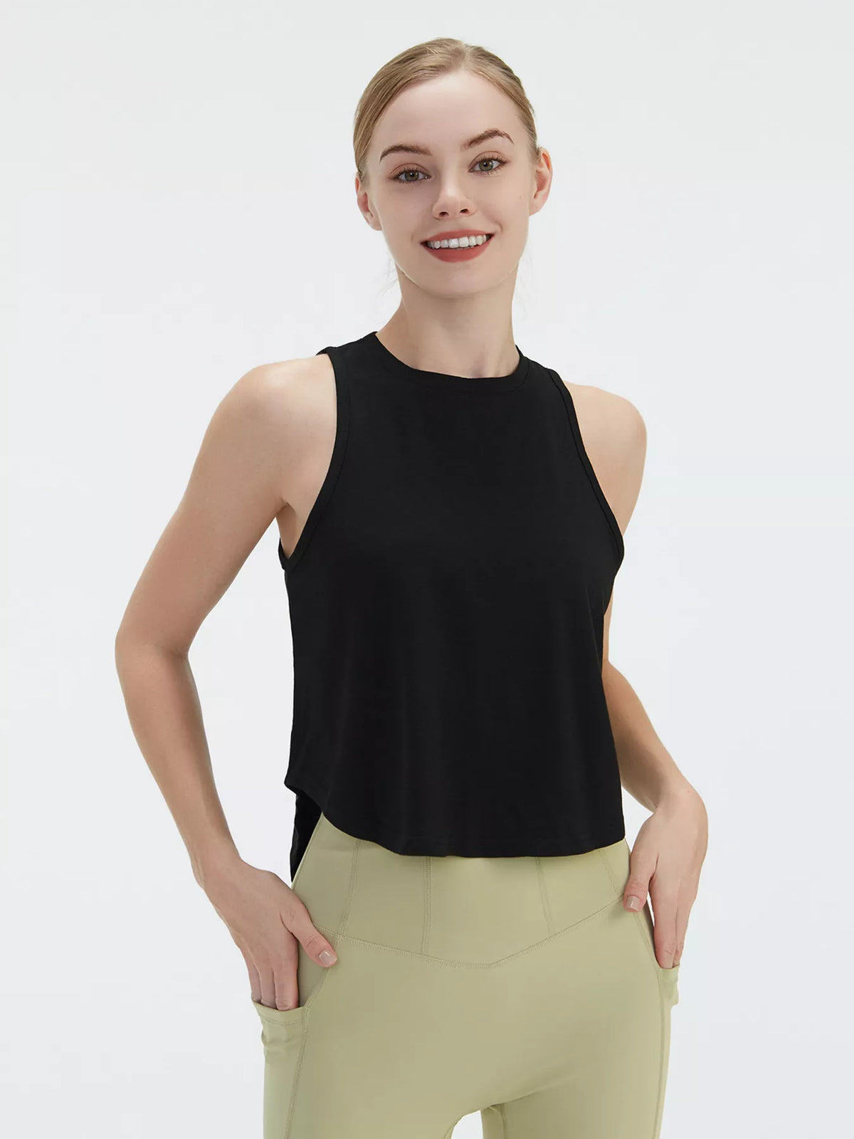 Cutout Back Round Neck Active Tank - Draped in Grace