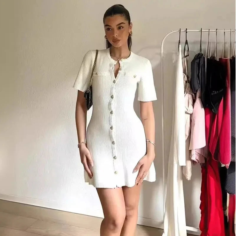 Ribbed Knit Mini Dress with Button Detail