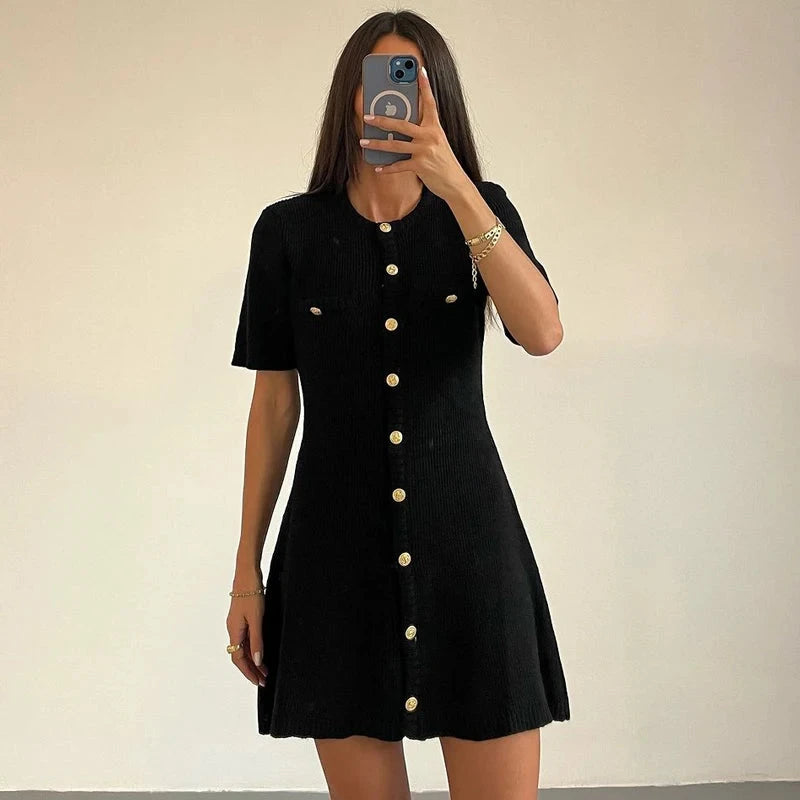 Ribbed Knit Mini Dress with Button Detail