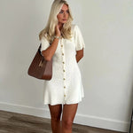 Ribbed Knit Mini Dress with Button Detail