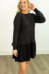Waffle Knit Long-Sleeve Dress, Black
