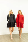 Waffle Knit Long-Sleeve Dress, Black