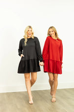 Waffle Knit Long-Sleeve Dress, Black