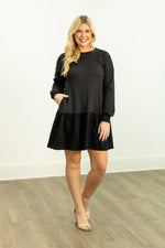 Waffle Knit Long-Sleeve Dress, Black