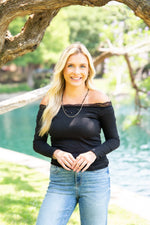 Longsleeve Off-the-Shoulder Top with Lace Trim, Black
