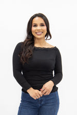 Longsleeve Off-the-Shoulder Top with Lace Trim, Black
