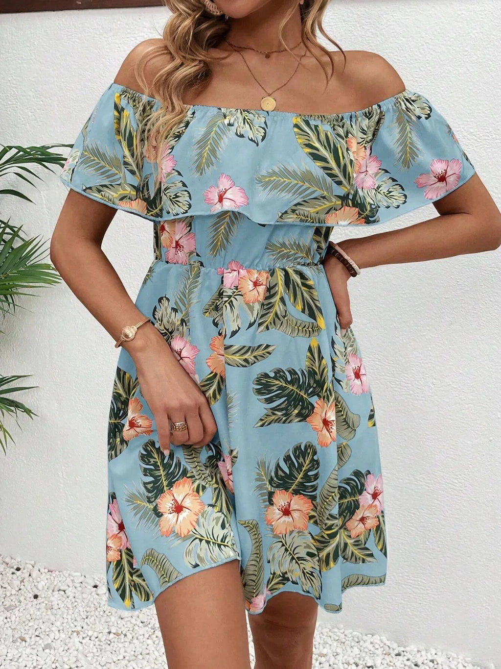 Printed Off Shoulder Mini Dress - Draped in Grace