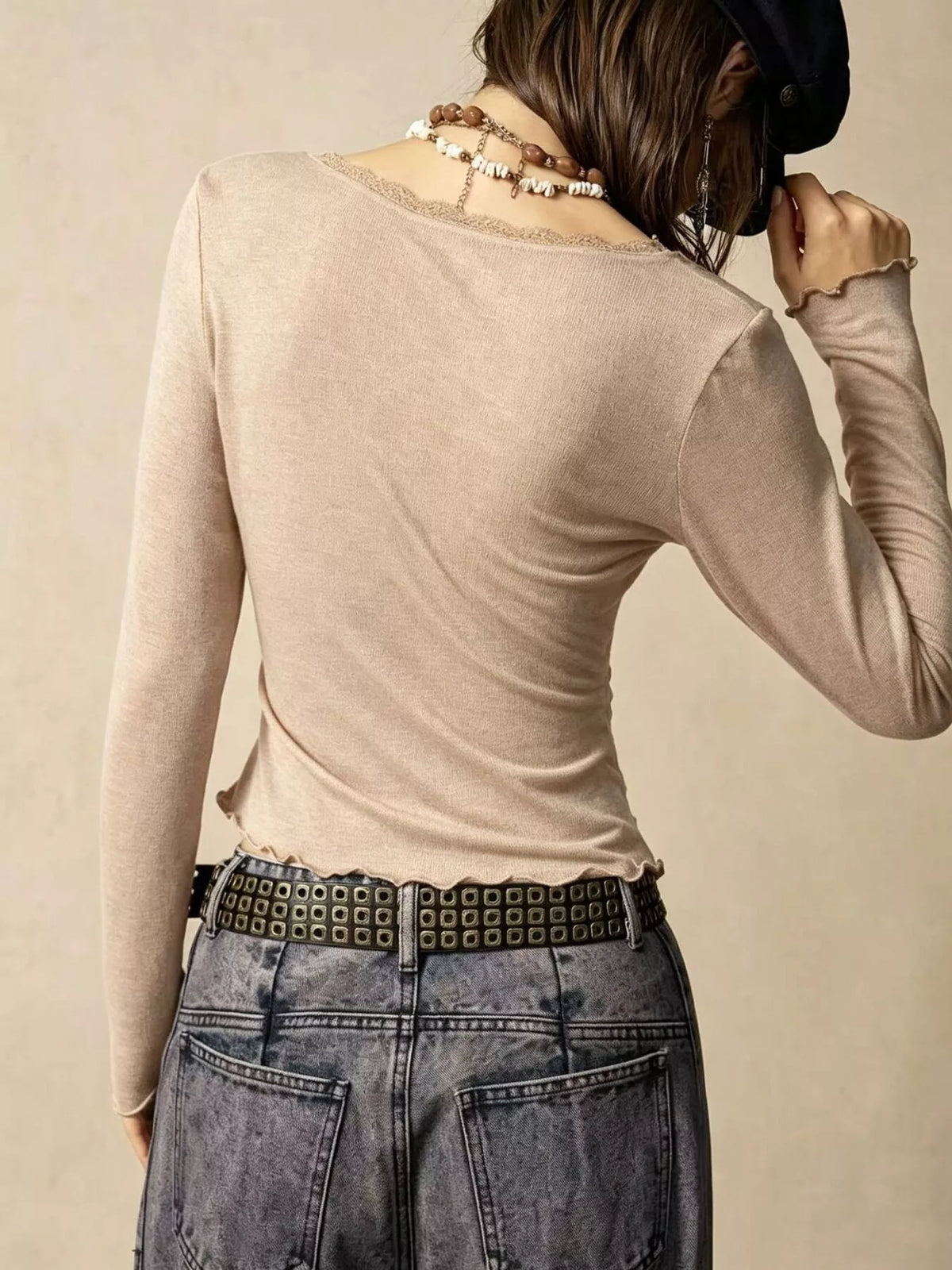 Lace Detail Long Sleeve T-Shirt - Draped in Grace