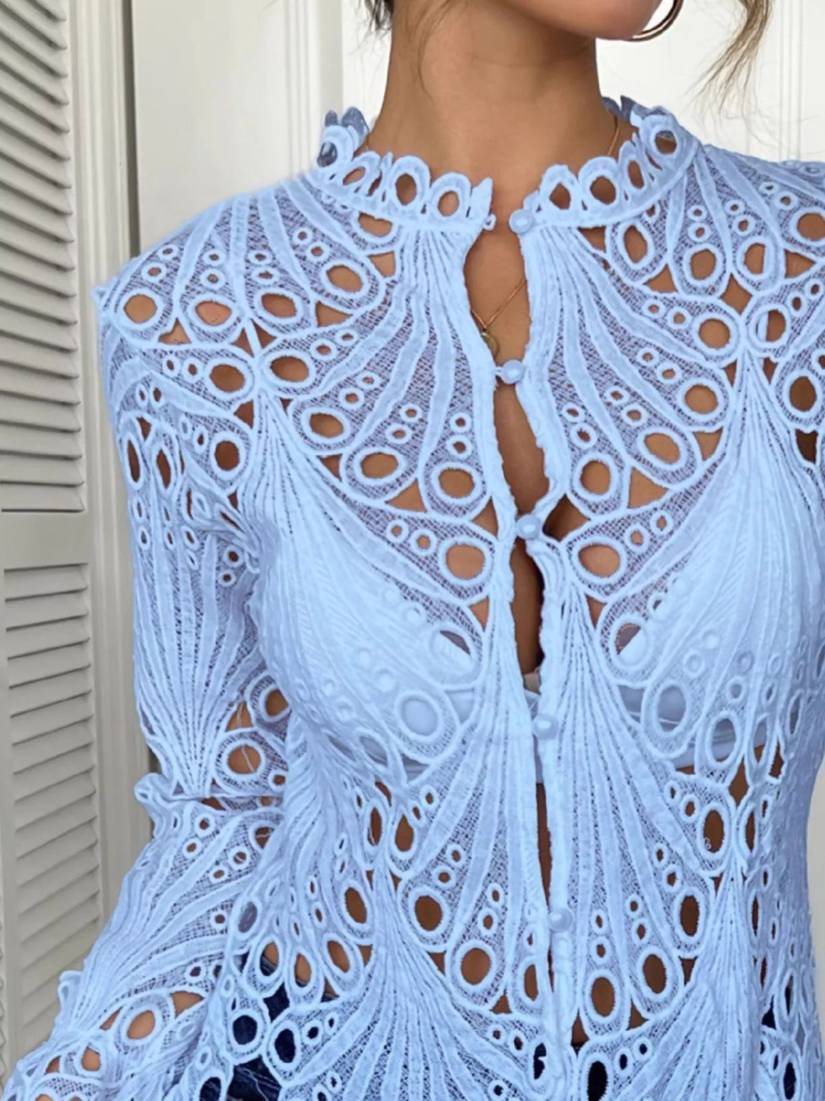 Lace Button Up Long Sleeve Shirt - Draped in Grace