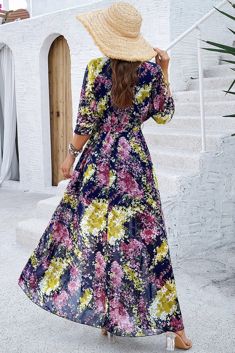 Devine Printed Tied Half Sleeve Slit Dress - Draped in Grace