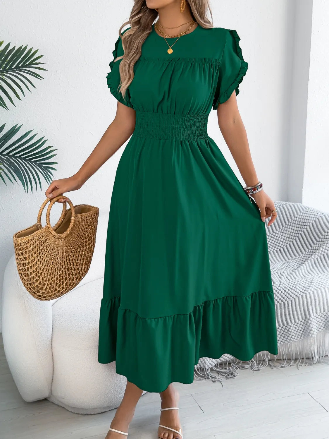 Smocked Frill Round Neck Midi Dress - Draped in Grace