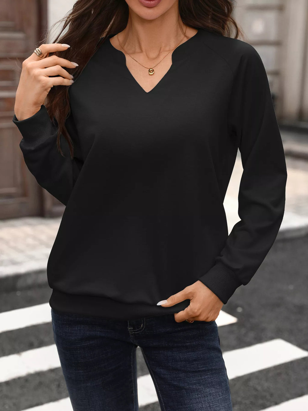 Notched Raglan Sleeve Sweatshirt - Draped in Grace