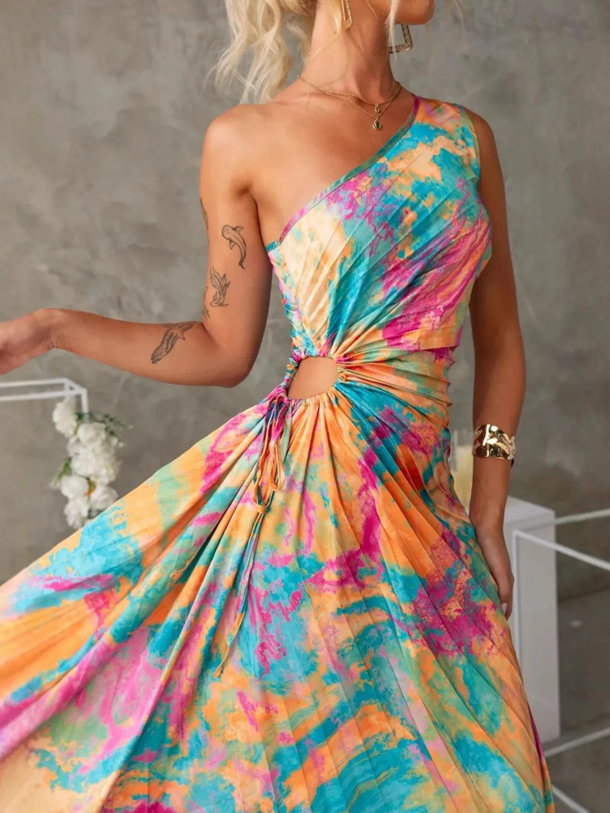 Printed One Shoulder Asymmetrical Maxi Dress - Draped in Grace