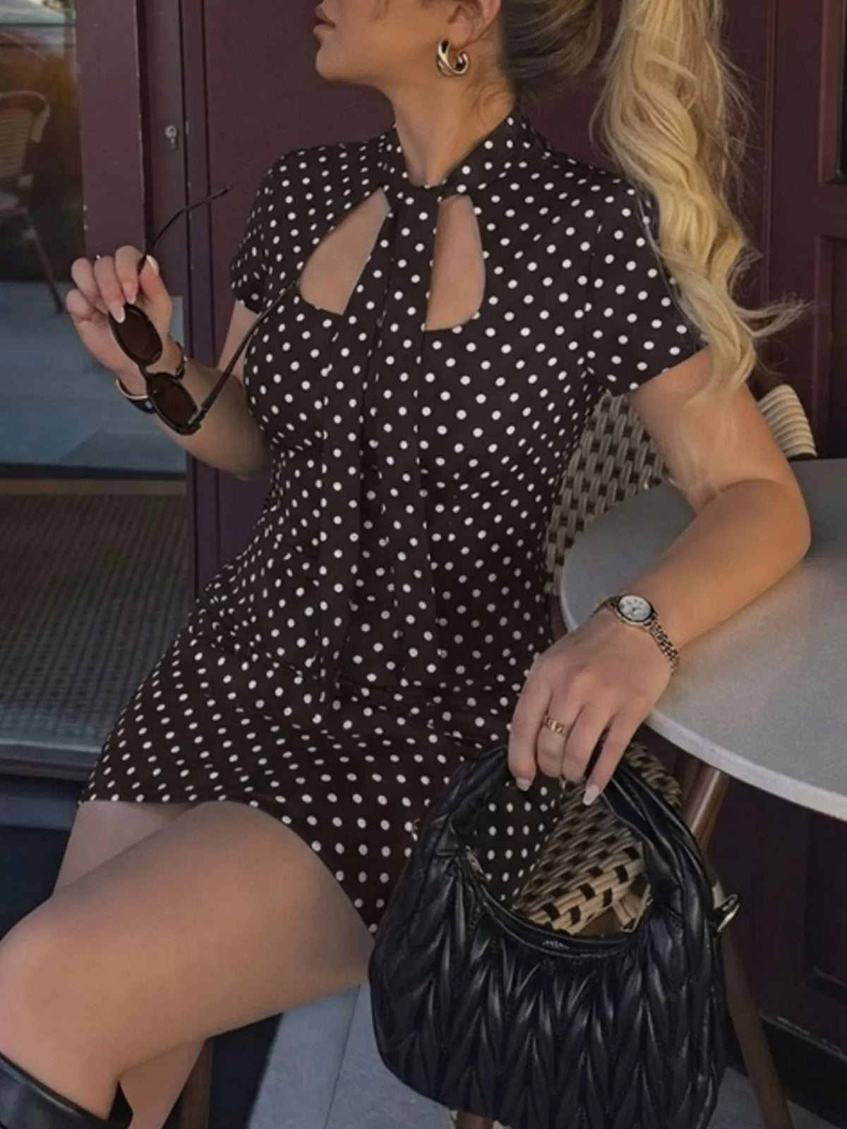 Polka Dot Cut-Out Front Mini Dress - Draped in Grace