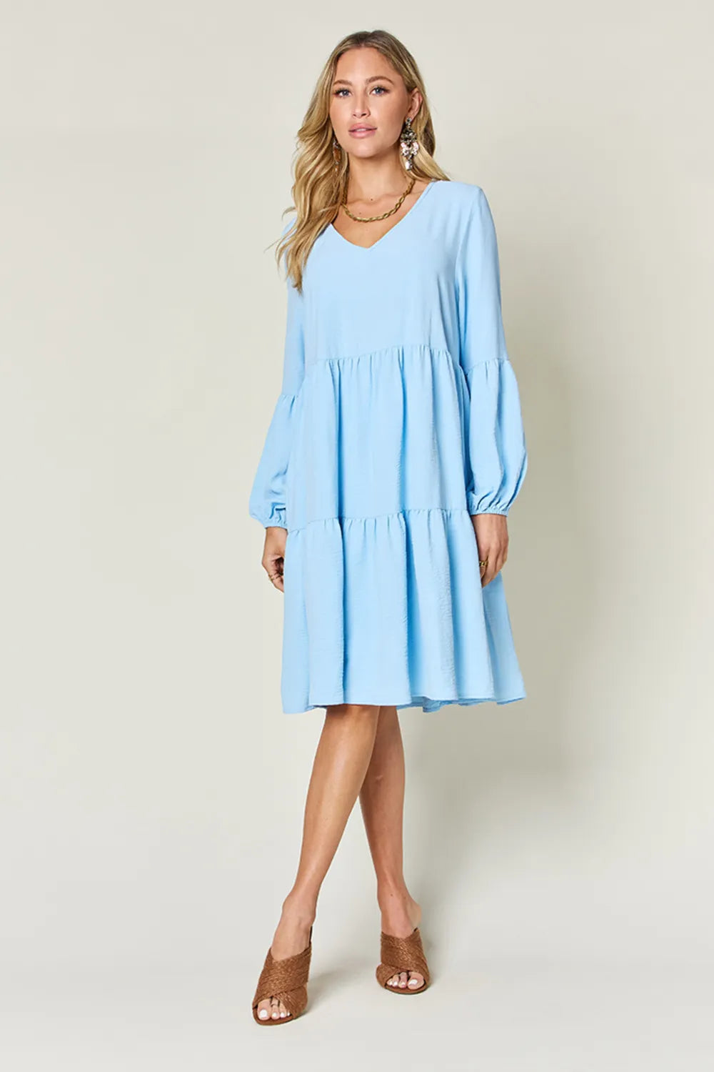 Double Take Full Size V-Neck Balloon Sleeve Tiered Dress with Pockets - Draped in Grace
