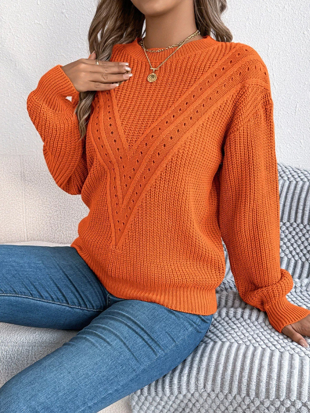 Openwork Round Neck Sweater - Draped in Grace