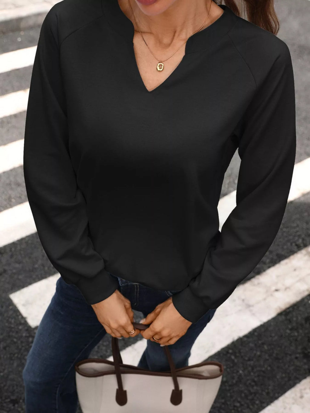 Notched Raglan Sleeve Sweatshirt - Draped in Grace