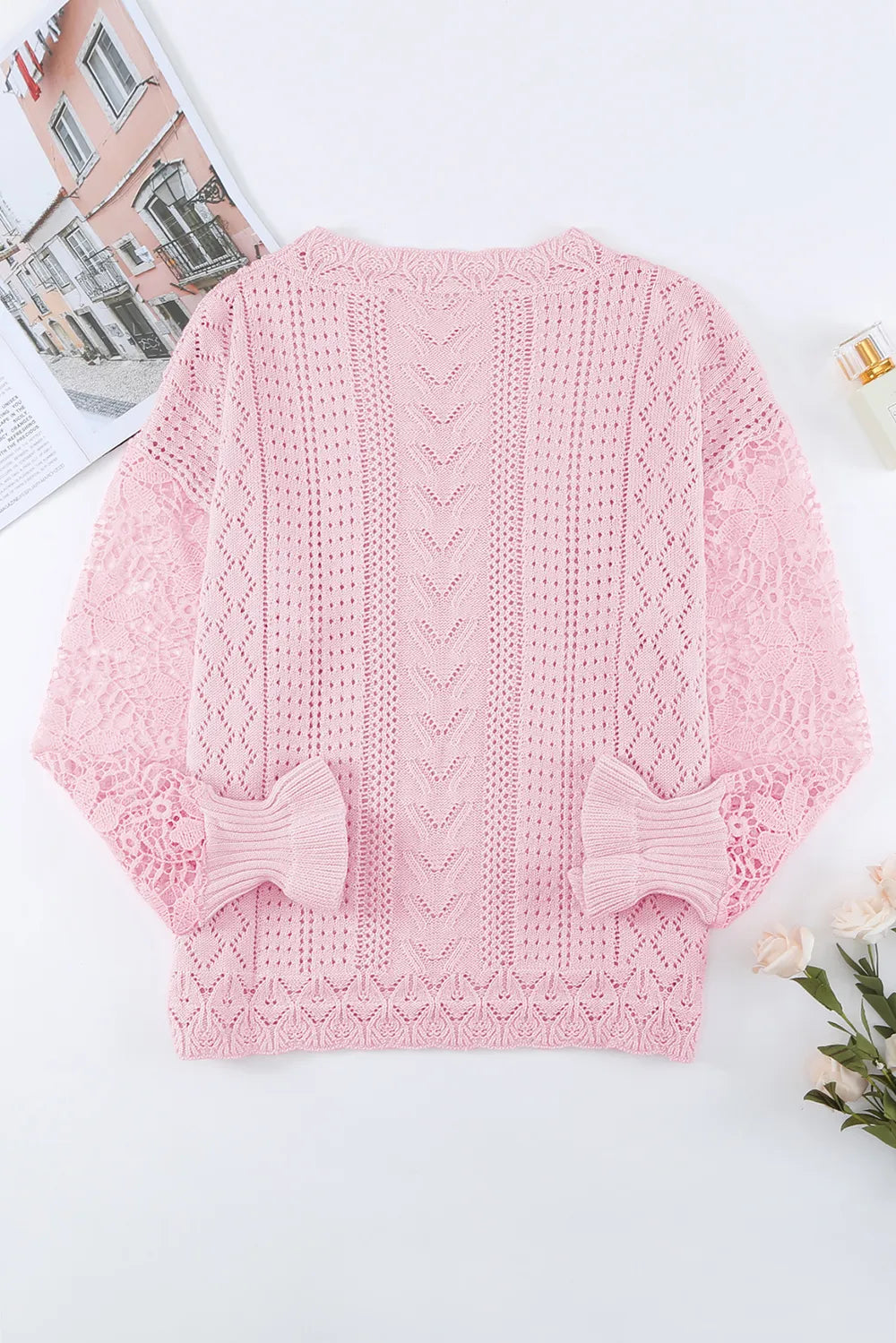 Openwork Round Neck Long Sleeve Sweater - Draped in Grace