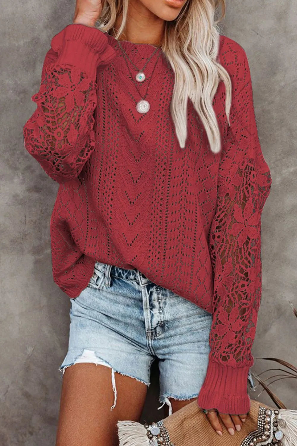 Openwork Round Neck Long Sleeve Sweater - Draped in Grace