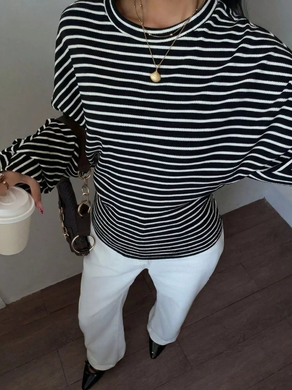 Casual Striped Batwing Sleeve T-Shirt - Draped in Grace