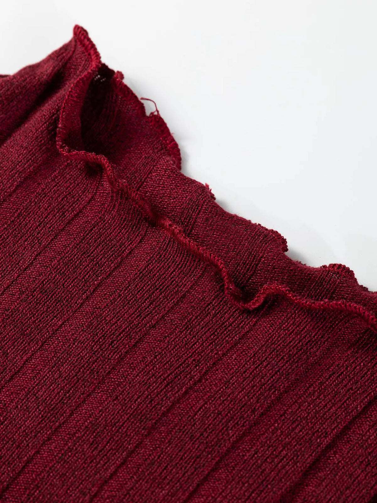 Frilled Neck Ribbed Knit Patchwork Long Sleeve Mini Dress - Draped in Grace