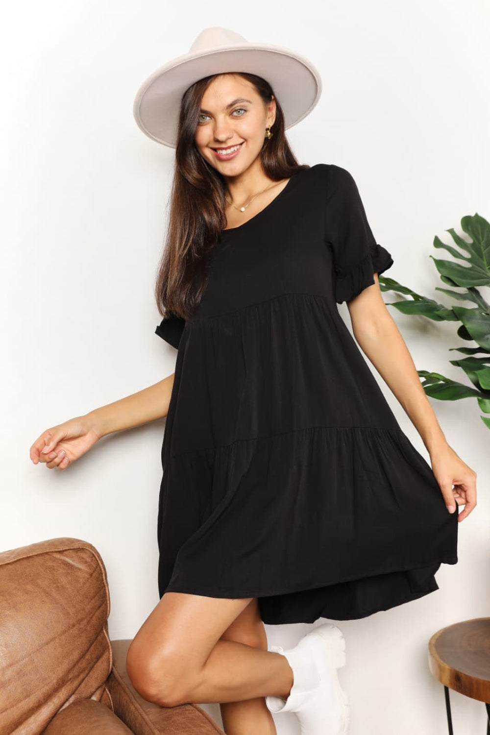 Mandy V-Neck Flounce Sleeve Tiered Dress - Draped in Grace