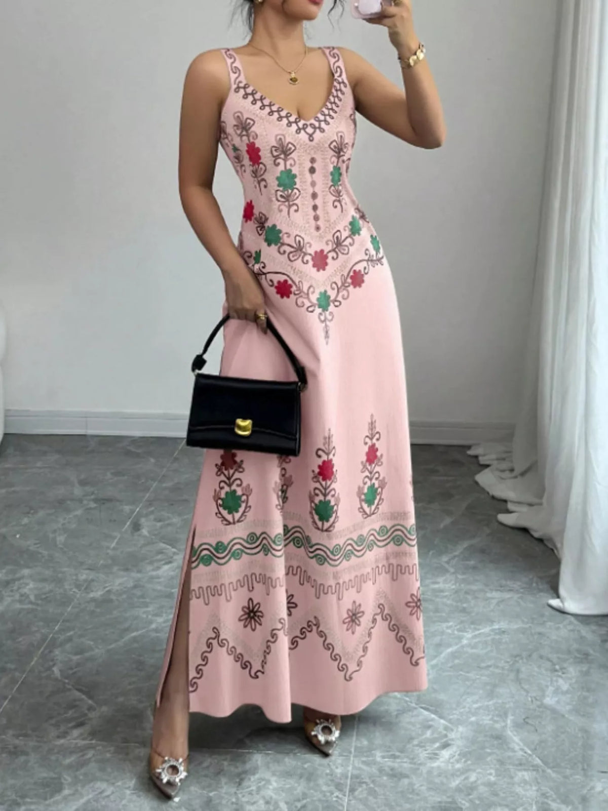 Floral Sleeveless Maxi Dress with Side Slit - Draped in Grace