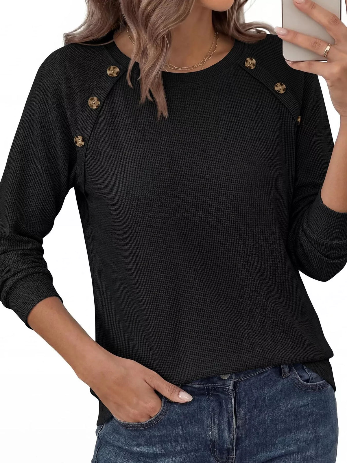 Decorative Button Waffle Knit Long Sleeve T-Shirt - Draped in Grace