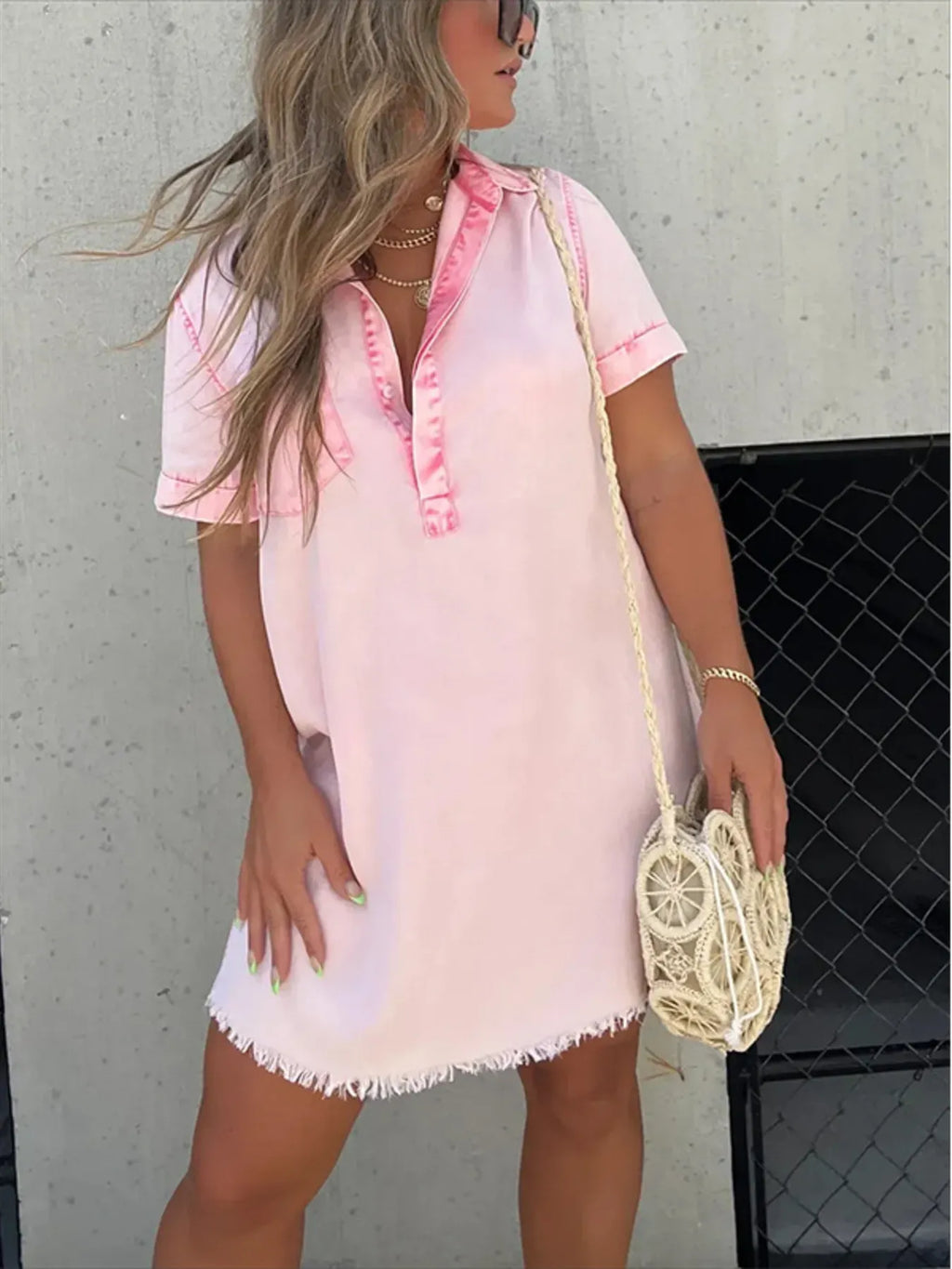 Full Size Raw Hem Short Sleeve Denim Dress Plus Size - Draped in Grace