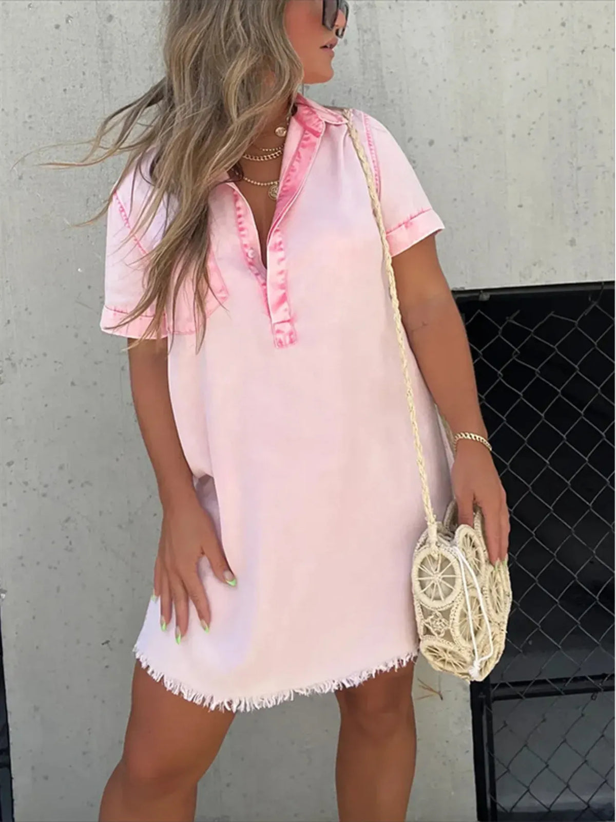 Full Size Raw Hem Short Sleeve Denim Dress Plus Size - Draped in Grace